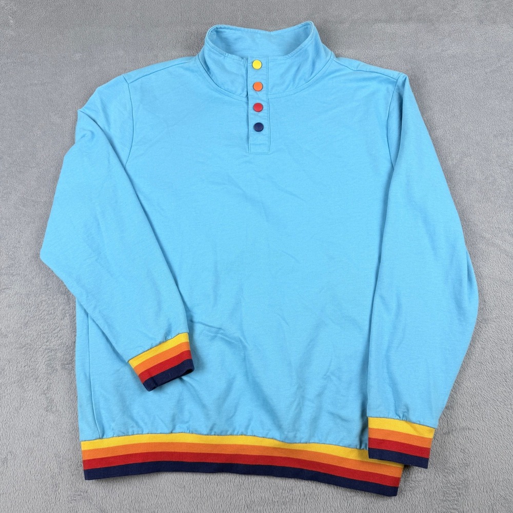 Aldi Gear Light Blue Retro Rainbow Stripe Mock Neck Snap Pullover Sweatshirt L